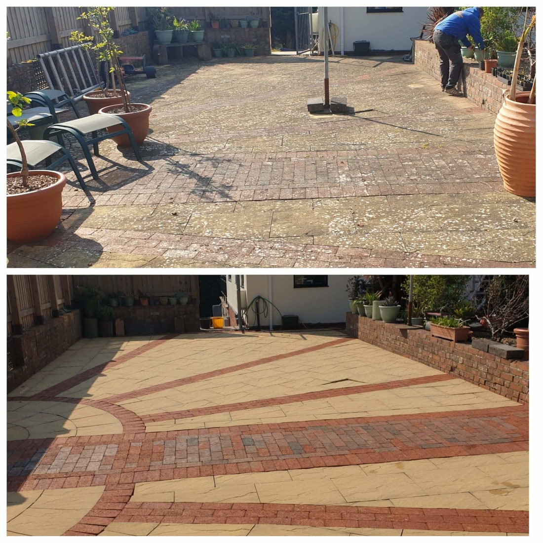 Before and after collage of garden patio pressure washing