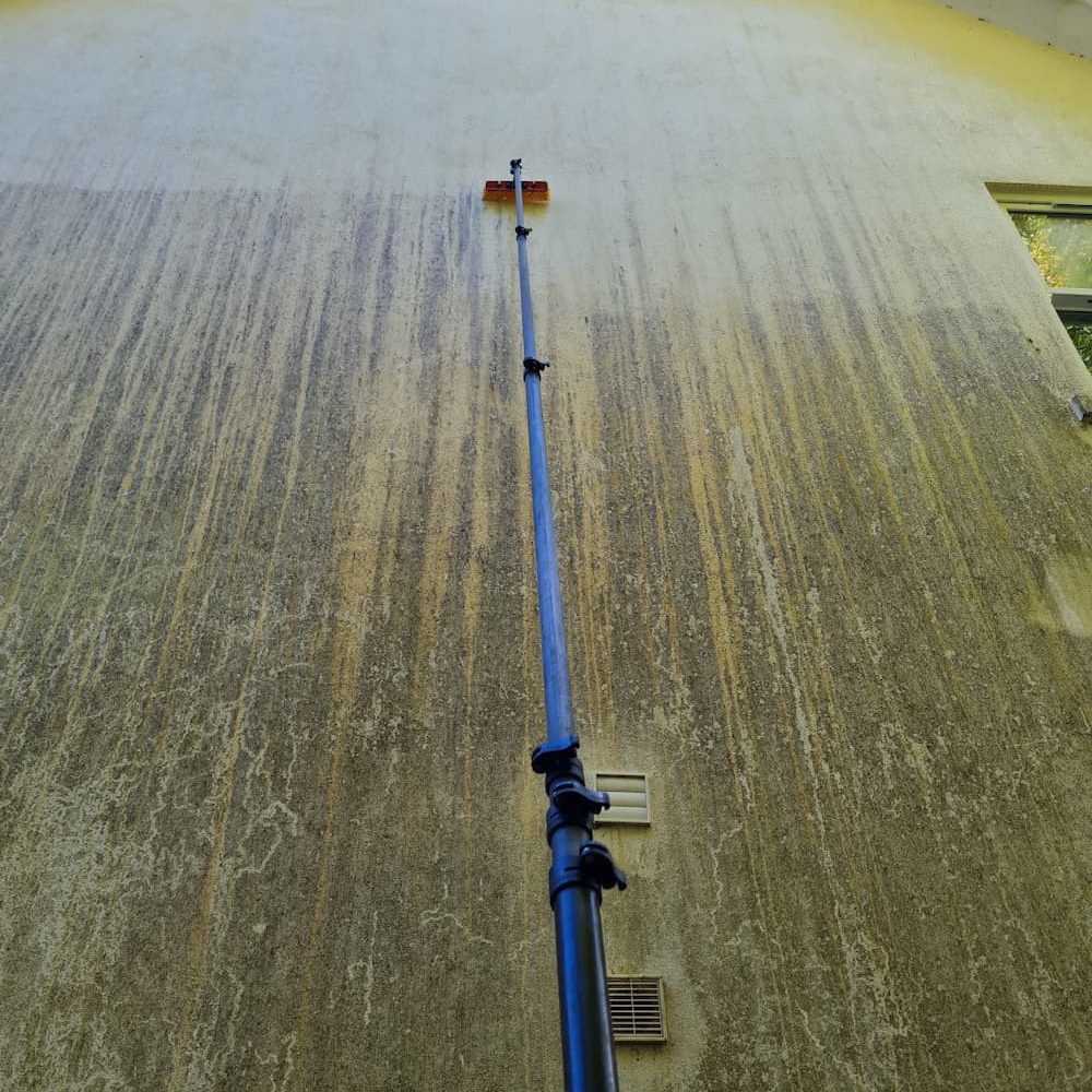 Chemical biocide brush cleaning on exterior wall